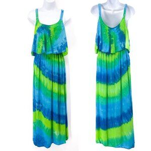 Vintage Dharma Trading Co Tie Dye Print Sleeveless Maxi Dress Blue Green Small